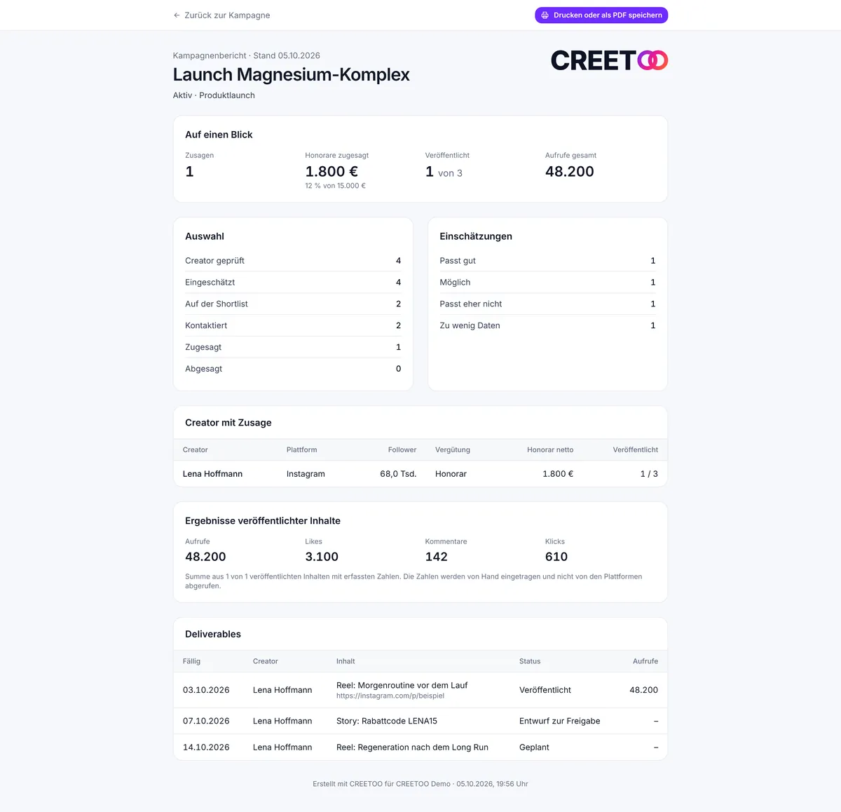 Kampagnenbericht mit Kennzahlen, Creatorn mit Zusage, Ergebnissen und Deliverables