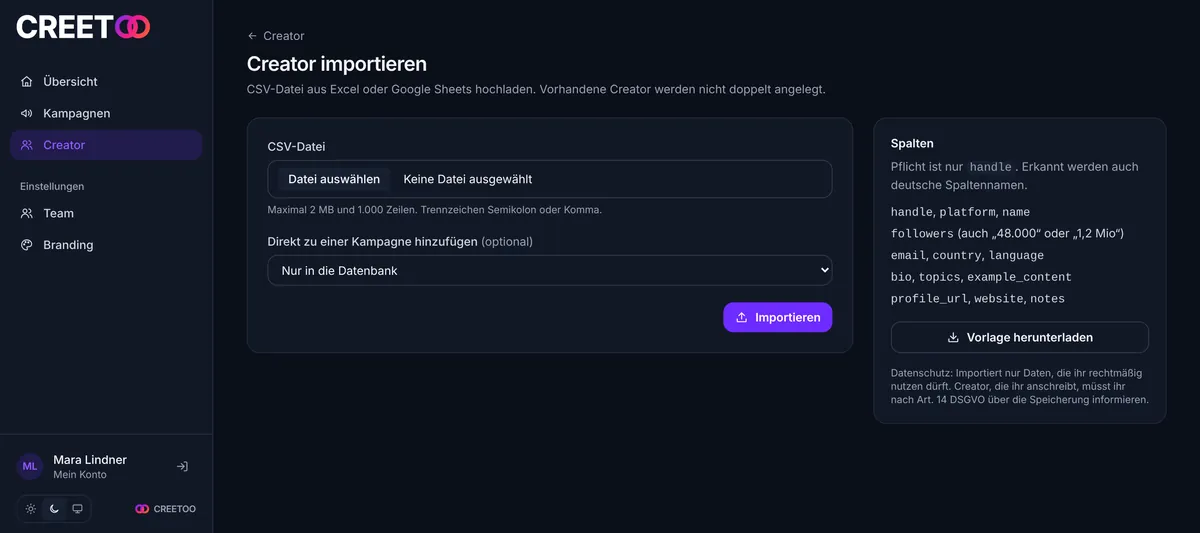 Import-Seite mit Datei-Auswahl, Kampagnen-Auswahl und Liste der erkannten Spalten