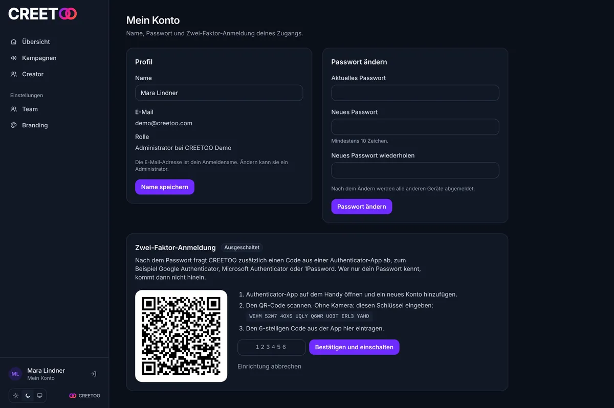 Mein Konto mit Profil, Passwort und Einrichtung der Zwei-Faktor-Anmeldung