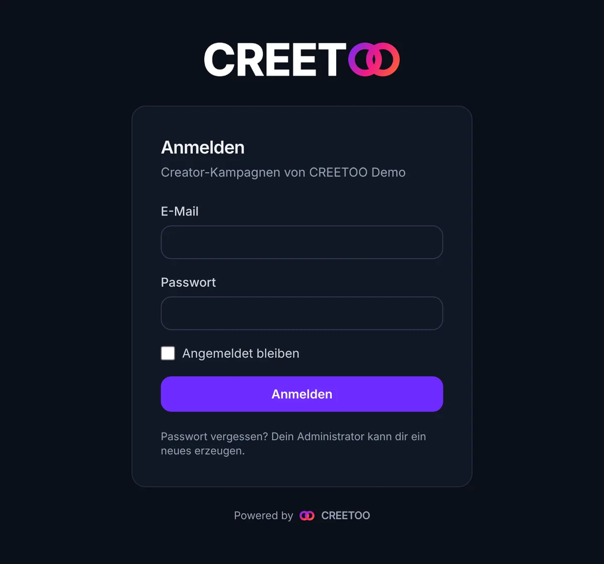 Login-Seite von CREETOO Demo mit Logo, E-Mail- und Passwortfeld
