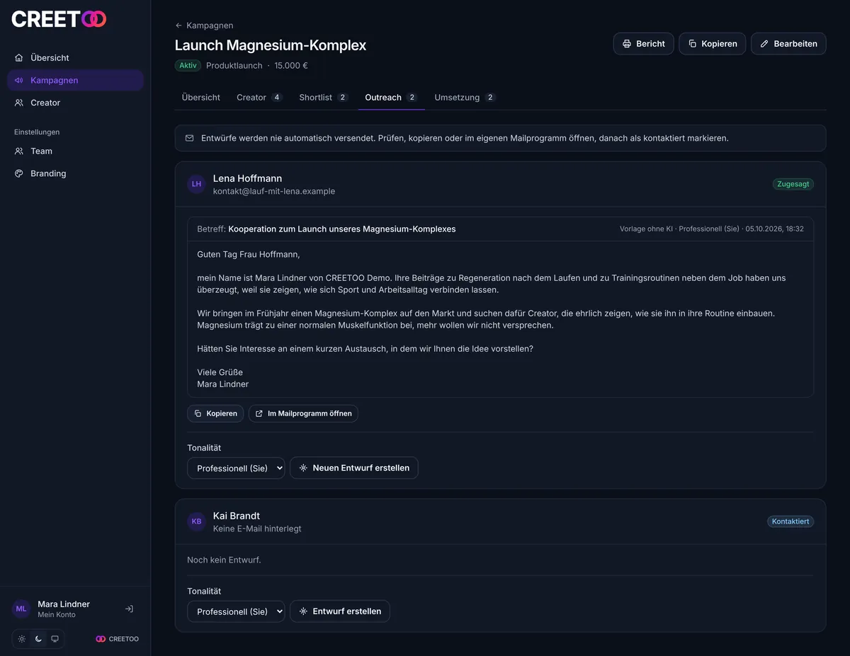 Entwurf einer Erstanfrage an Lena Hoffmann mit Buttons zum Kopieren und Öffnen im Mailprogramm
