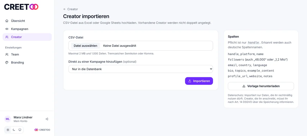 Import-Seite mit Datei-Auswahl, Kampagnen-Auswahl und Liste der erkannten Spalten