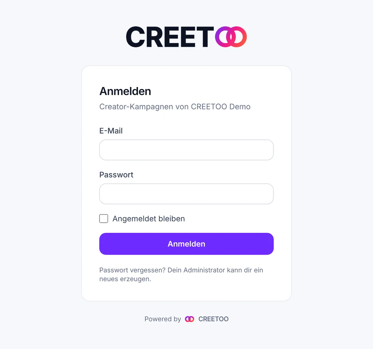 Login-Seite von CREETOO Demo mit Logo, E-Mail- und Passwortfeld