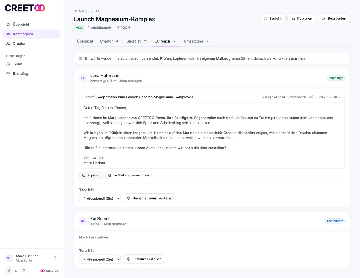 Entwurf einer Erstanfrage an Lena Hoffmann mit Buttons zum Kopieren und Öffnen im Mailprogramm